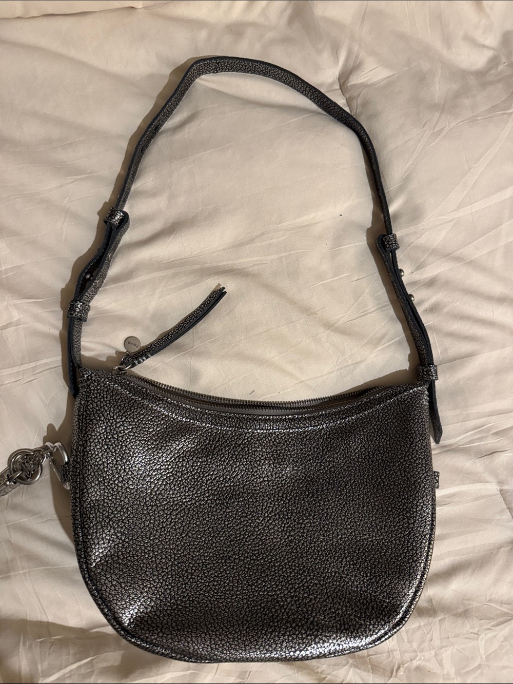The Sak Metallic Pebbled Shoulder Bag in Dark Silver-Black